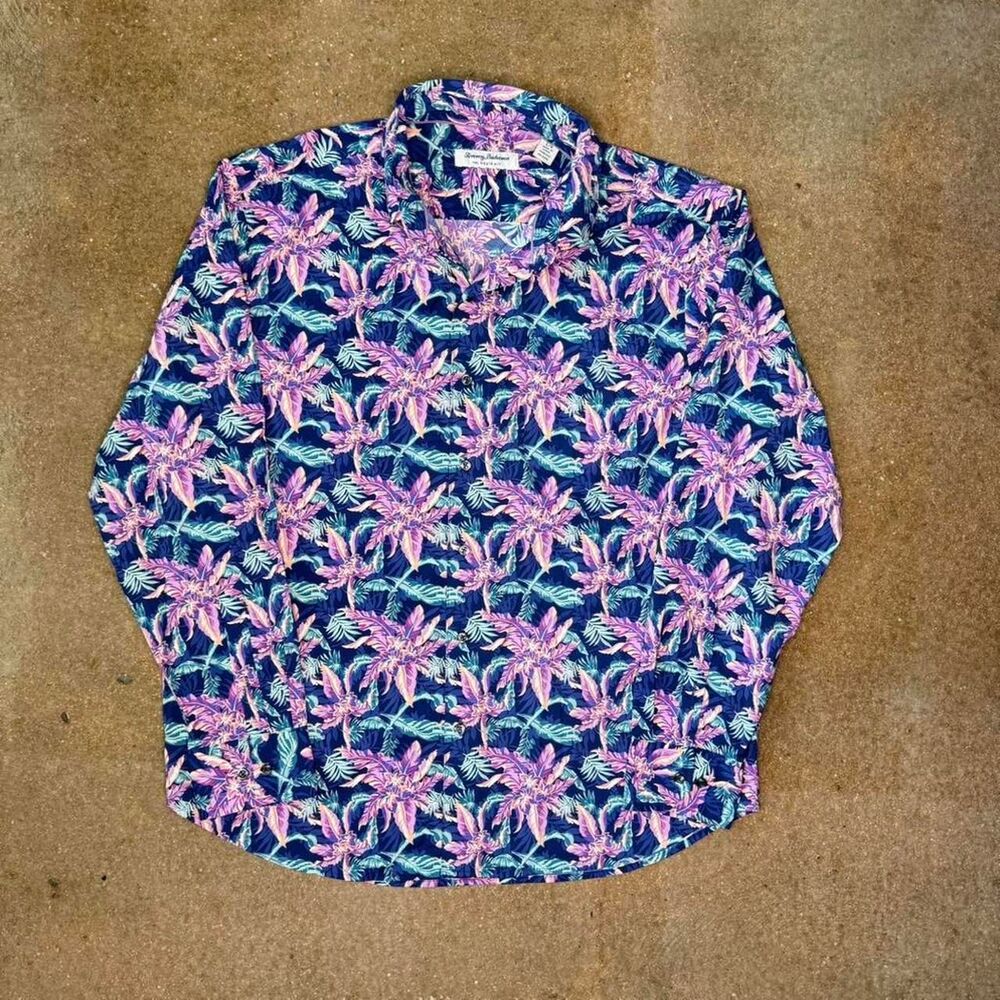 Tommy Bahama Floral Button up shirt tropical hawaiian pink blue mens L